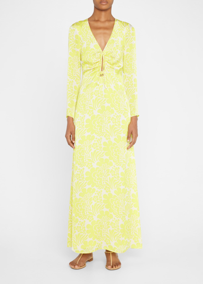 Shop Alexis Elmina V-neck Floral Satin Crepe Maxi Dress In Lemon Begonia