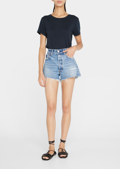 Shop Moussy Vintage Havilland Distressed High-rise Jean Shorts In Blue