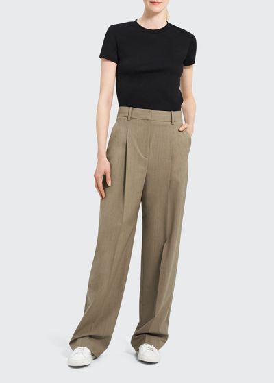Shop Theory Stretch Wool Pleated Trousers In Khaki Mlng