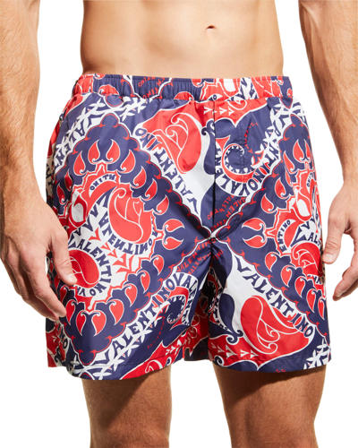 Shop Valentino Men's Bandana-print Logo Nylon Swim Shorts In Red/white/blue