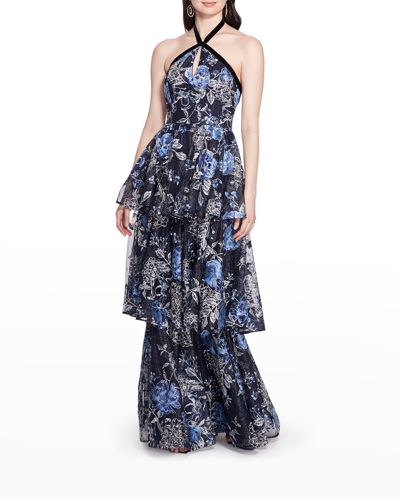 Shop Marchesa Notte Tiered Tulle Embroidered Halter Gown In Navy