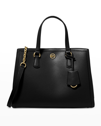 Shop Michael Michael Kors Chantal Medium Leather Satchel Bag In Black