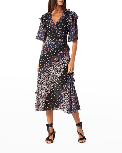Shop Joie Ambroise Floral-print Ruffle-trim Wrap Dress In Caviar Multi