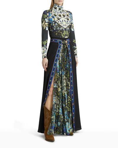 Shop Etro Chinook Floral-print Pleated Skirt With Contrast-trim In Black