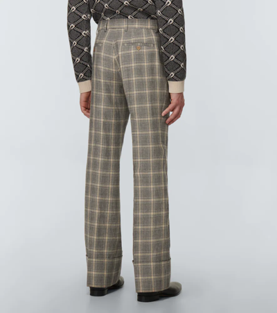 Shop Gucci Checked Wool And Linen Wide-leg Pants In Grey/black/mc