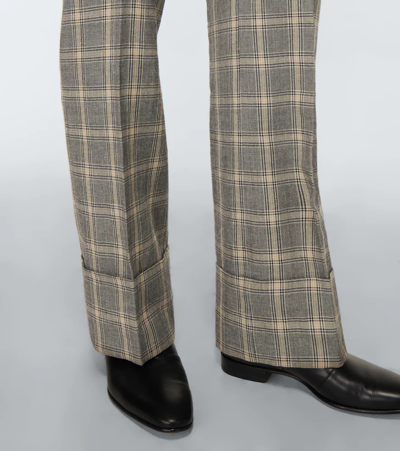 Shop Gucci Checked Wool And Linen Wide-leg Pants In Grey/black/mc