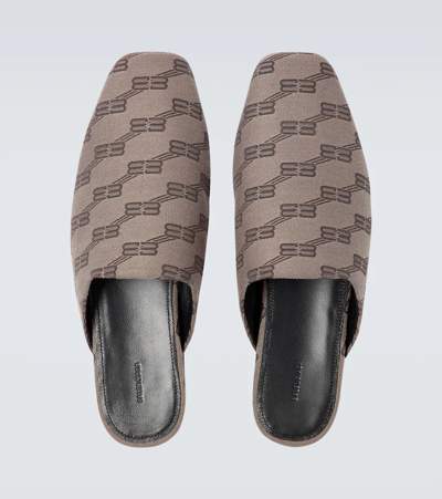 Shop Balenciaga Cozy Bb Monogram Jacquard Slippers In Dark Mink Grey/brown