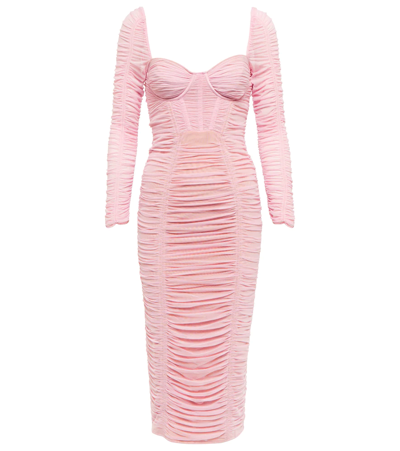 Shop Self-portrait Ruched Midi Dress In Pink