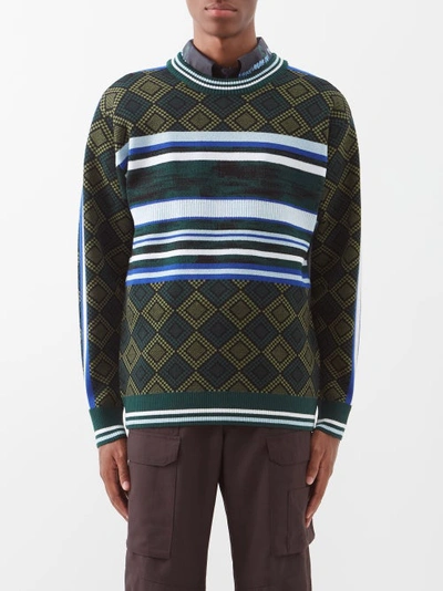 Ahluwalia Lola Diamond And Stripe-jacquard Merino Sweater In Green