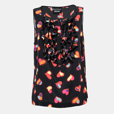 Pre-owned Boutique Moschino Black Heart Print Silk Ruffle Front Top L