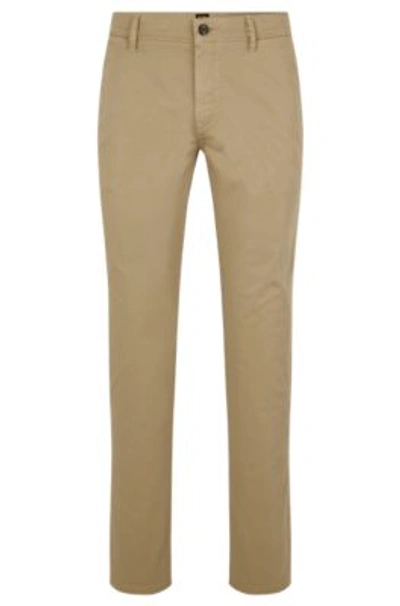 Shop Hugo Boss Slim-fit Trousers In Stretch-cotton Satin In Light Brown