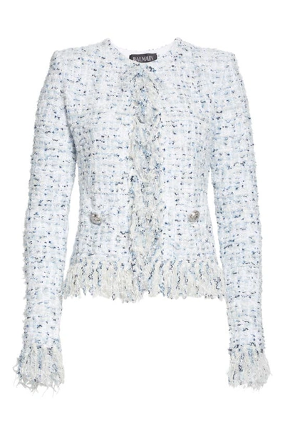 Shop Balmain Fringe Metallic Tweed Jacket In Blanc/blue