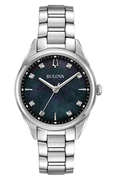 Shop Bulova Sutton Black Mother-of-pearl Diamond Watch, 32.5mm In Silver