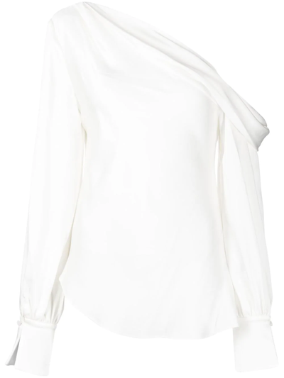 Shop Jonathan Simkhai Alice Satin-finish One-shoulder Blouse In Weiss