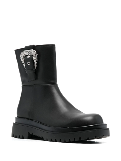 Versace Jeans Couture Buckled Round-toe Low-heel Boots In Schwarz