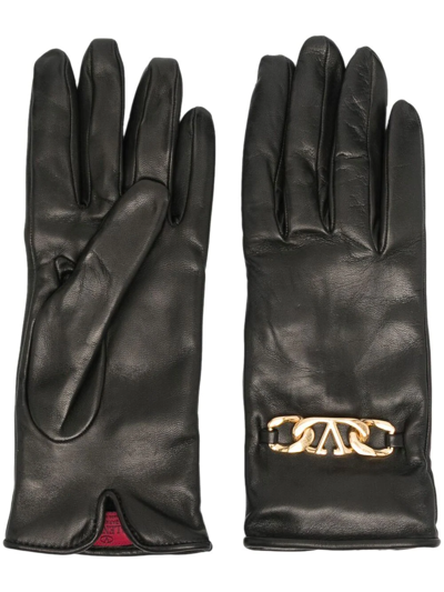 Shop Valentino Vlogo Leather Gloves In Schwarz