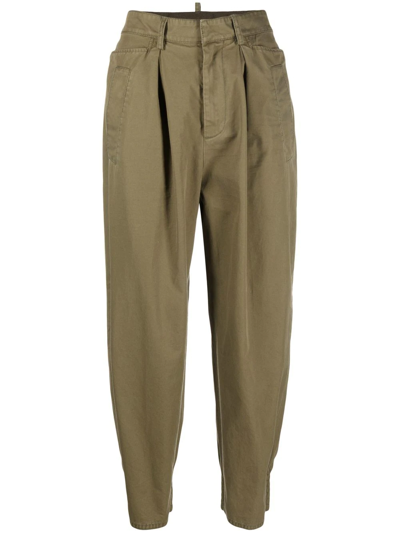 Dsquared2 Woman Khaki Cotton Trousers With Pence In Grün