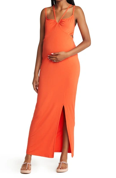 knee length dresses for ladies Orange Floral Pleated Satin Maternity Maxi Dress – PinkBlush