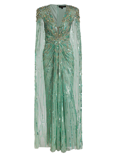 Shop Jenny Packham Women's Lotus Lady Beaded Cape-back Gown In Gentle Green