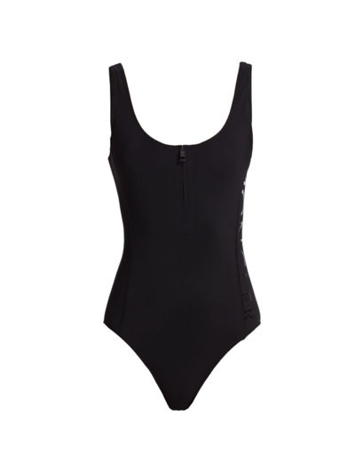 Shop Moncler Women's Seamed Zip-front Swimsuit In Black