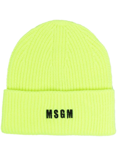 Shop Msgm Embroidered Logo Knitted Beanie In Gelb