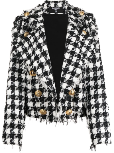 Shop Balmain Frayed Tweed Jacket In Schwarz