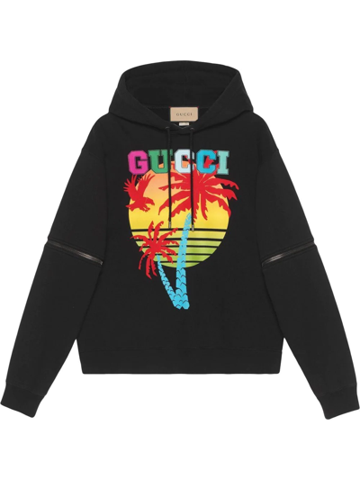 Shop Gucci Removable-sleeve  Sunset-print Hoodie In Schwarz