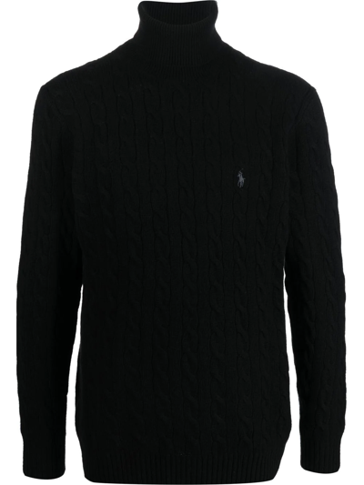 Polo Ralph Lauren Cable Knit Black Turtleneck Sweater With Embroidered Logo In Black