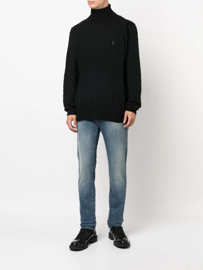 Polo Ralph Lauren Cable Knit Black Turtleneck Sweater With Embroidered Logo In Black