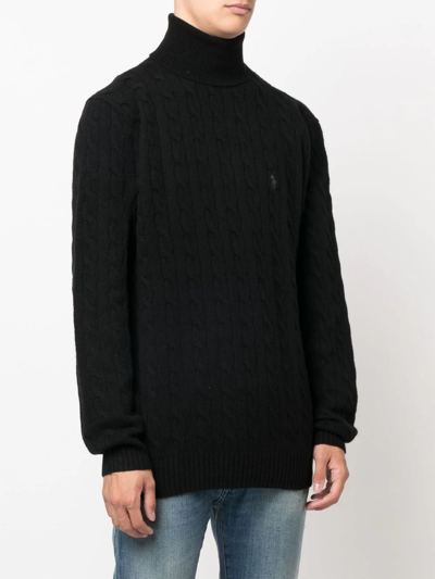 Polo Ralph Lauren Cable Knit Black Turtleneck Sweater With Embroidered Logo In Black