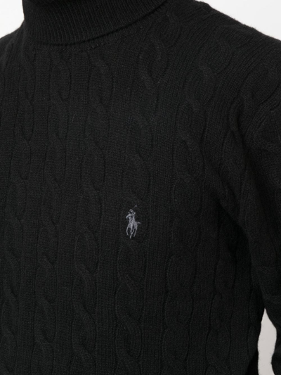 Polo Ralph Lauren Cable Knit Black Turtleneck Sweater With Embroidered Logo In Black