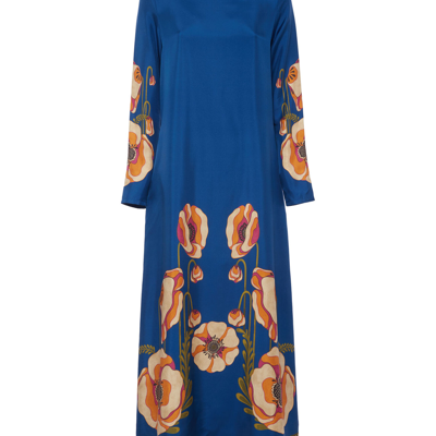 Shop La Doublej Long Sleeve Swing Dress (placée) In Poppies Blue Placée