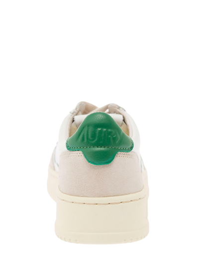 Shop Autry Low-top White And Green Sneakers In Leather And Suede  Woman