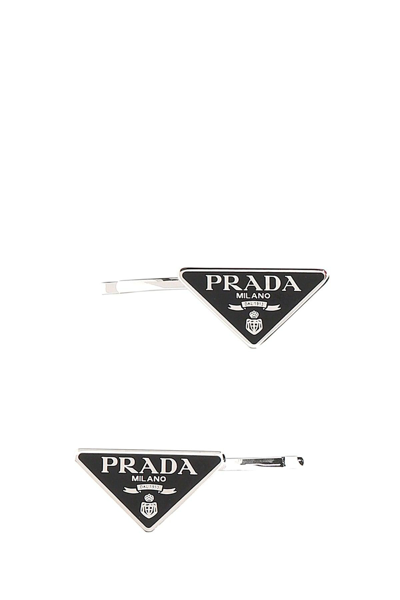 Prada Logo Triangle Metal Hair Clips Set Of Two In Nero | ModeSens