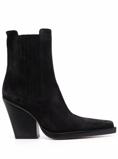 Shop Paris Texas Black Dallas Ankle Boot In Calf Suede With Logo Detail On The Insole And 10.5cm Wide Heel