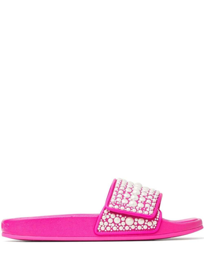 Shop Jimmy Choo Fitz Flat Canvas/leather W/pearls In Fuxia