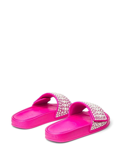 Shop Jimmy Choo Fitz Flat Canvas/leather W/pearls In Fuxia