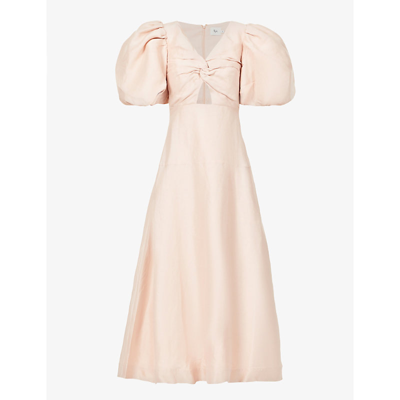 Shop Aje V-neck Puff-sleeve Linen-blend Midi Dress In Blush
