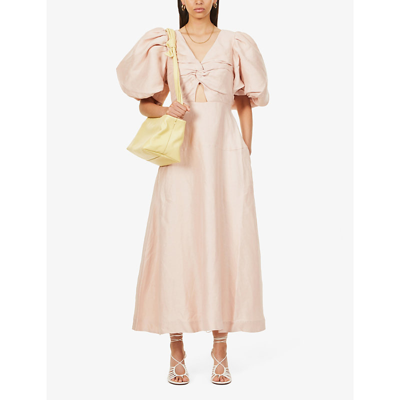 Shop Aje V-neck Puff-sleeve Linen-blend Midi Dress In Blush