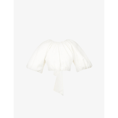 Shop Aje Admiration Lace-up Linen-blend Top In Ivory