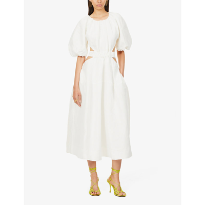 Shop Aje Mimosa Pleated Linen And Silk-blend Midi Dress In Ivory