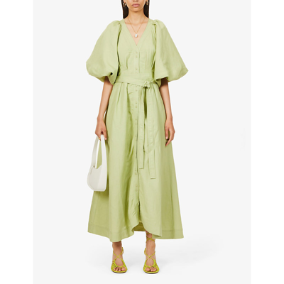 Shop Aje Evermore Puff-sleeve Linen-blend Midi Dress In Bayleaf Green