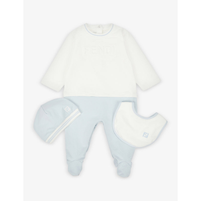 Shop Fendi Contrast Panels Stretch-cotton Baby Grow, Hat And Bib Set 3-9 Months In Blue
