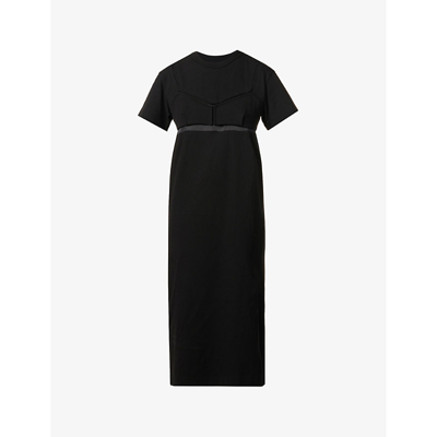 Shop Sacai Panelled Split-hem Cotton Midi Dress In Black