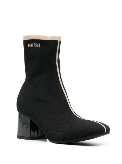 Shop Marni Black Ankle Boot In Leather With Medium And Wide Heel Ecru-colored Details