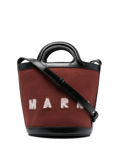 Shop Marni Brown Bucket Shoulder Bag In Calf Leather And Wool And Cotton Blend With Adjustable And Removable Sh