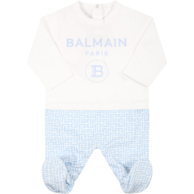 Shop Balmain White Set For Baby Boy With Light Blue Logo