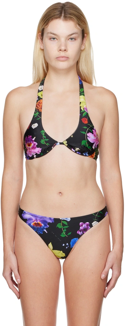 Shop Fleur Du Mal Black Enchanted Garden Bikini Top In 0735 Floral Print- S