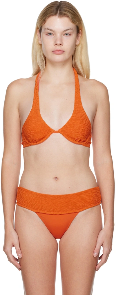 Shop Fleur Du Mal Orange Smocked Bikini Top In 072 Clementine