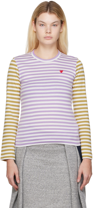Shop Comme Des Garçons Play Purple & Orange Striped T-shirt In Purple/olive